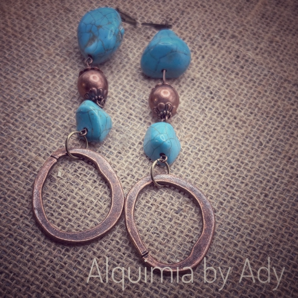 TURQUOISE SHOULDER DUSTER +Blue and Bronze Dangle Earrings